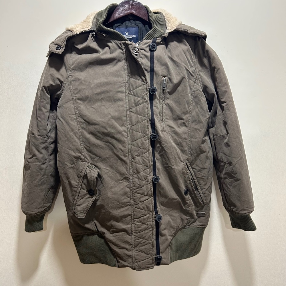 American Eagle Outfitters Olive Green Hooded Fur Trimmed Winter Parka Coat